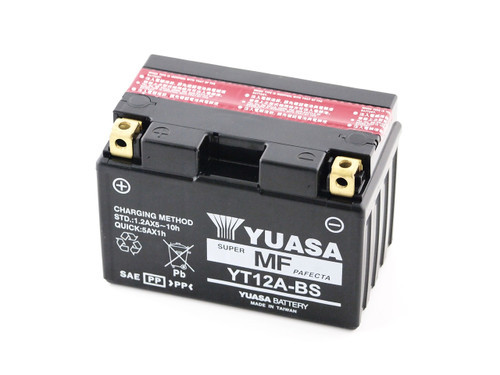 <ul>
<li>12 volt, 9.5 amp-hour, 175 cold cranking amps, maintenance-free</li>
<li>Totally sealed and spill-proof - all acid is absorbed in special plates and absorbed glass mat separators</li>
<li>Advanced lead-calcium technology hold its specific gravity more than 3 times longer than conventional batteries</li>
<li>Exceptional resistance to vibration makes Yuasa the most reliable battery on the market today</li>
<li>Battery supplied dry with acid bottle</li>
<li>No need to ever add water</li>
</ul>
<div class="moretab" data-title="Product Details">
<p><strong>YT12A-BS Maintenance Free Battery</strong></p>
<p>Yuasa YT12A-BS is a sealed, maintenance-free, dry-charge battery with absorbed glass mat (AGM) separator and valve regulated vent system. It utilizes top lead alloy that contains calcium alloy for increased weld strength and severe vibration resistance. YT12A-BS is supplied with an acid bottle for increased portability and higher performance.</p>
<p>Yuasa Battery, Inc. has been manufacturing motorcycle batteries in the U.S.A. to uncompromisingly high standards since 1979. Most of the large capacity Powersports batteries are manufactured in our Laureldale, PA plant. All other Powersports batteries are produced in a Yuasa state-of-the-art manufacturing facility in various countries throughout the world. Each Yuasa facility follows the same rigorous manufacturing processes to ensure the highest Yuasa quality standards are met.</p>
</div>
<div class="moretab" data-title="Technical">
<p><strong>Battery Family:</strong> Maintenance Free</p>
<p><strong>Battery Type:</strong> YT12A-BS</p>
<p><strong>Voltage:</strong> 12</p>
<p><strong>Capacity (AH):</strong> 9.5</p>
<p><strong>Dimensions:</strong> 6" x 3.4375" x 4.1875"</p>
<p><strong>Weight:</strong> 6.3 lb.</p>
<p><strong>Polarity:</strong> +|||-</p>
<p><strong>Amps:</strong> 1</p>
<p><strong>CCA:</strong> 175</p>
</div>