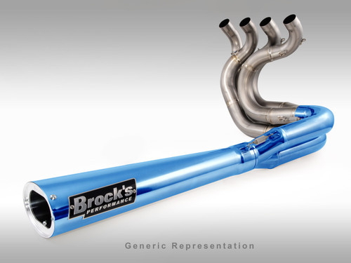 <ul>
<li>Elliptical megaphone with removable race baffle</li>
<li>Blue anodized finish</li>
<li>World class craftsmanship, fit, and finish</li>
<li>Dual 18mm O2 sensor bungs pre-installed</li>
<li>Oil cooler removal kit included; oil line kits for oil cooler use available (sold separately)</li>
<li>Fairing modifications required; installation hardware and instructions included</li>
<li>Includes (Emissions/PAIR) Block Off Cap and instructions for decel-pop reduction</li>
<li>May be used with OEM oil pan; aftermarket billet pan suggested for maximum ground clearance</li>
<li>Patented Design</li>
<li>Includes Brock&rsquo;s lifetime direct support package <em>at no additional charge</em></li>
<li><a style="color: blue;" href="%%GLOBAL_ShopPathSSL%%/product_images/uploaded_images/Logo_Plates_Article_Page_Display.jpg" target="_blank">Click here to view logo plate color options</a></li>
</ul>
<div class="moretab" data-title="Product Details">
<p><strong>Titanium Sidewinder Performance Exhaust System</strong></p>
<p>Brock's Performance patented TiWinder&trade; Full Titanium &lsquo;Elliptical&rsquo; Sidewinder for the Suzuki B-King. World-class engineering and craftsmanship are combined with exotic materials to produce an exhaust system second to none.</p>
<p>Developed for use in conjunction with 1&rdquo; deep aftermarket oil pans, utilizing our &lsquo;elliptical&rsquo; megaphone outlet for maximum ground clearance during the hardest chassis-dragging launches. This additional ground clearance also makes our patented TiWinder&trade; more user-friendly during cornering as a result of the best right hand clearance on the market. Note: Stock oil pan may also be used.</p>
<p>Utilizing our industry-first 4-2-1 Sidewinder configuration, the patented TiWinder&trade; outperforms any other system we have ever tested/manufactured not only on the dyno, but, more importantly, during real world drag strip testing. Stock displacement to BIG CC &lsquo;mountain&rsquo; motors benefit alike from maximum peak AND average horsepower combined with a smooth linear torque curve throughout the entire rev range from launch to limiter. Constructed of a combination of pure and exotic titanium alloy tubing, we offer the first aftermarket production motorcycle exhaust system in the world to use high-temperature titanium alloys in critical areas to handle the extreme temperatures generated by the use of nitrous oxide. The &lsquo;grudge&rsquo; crowd will be happy to hear that the entire system only weighs 5.3 lbs. without the baffle.</p>
<p>Spring-mounted utilizing our &lsquo;big cc&rsquo; stainless steel spigots with billet aluminum clamp plates for quick, between round maintenance and designed for use with stock or quick access clutch covers (modification to certain aftermarket covers required - consult our technical department for additional details).</p>
<p>Dual O2 bosses allow independent air/fuel measurements in head pipes 1&amp;2 and/or 3&amp;4 for more precise cylinder &lsquo;trim&rsquo; measurements.</p>
<p>System includes replacement laser-cut stainless steel lower radiator mounting bracket, and a longer rear brake clevis to allow use of your stock rear brake lever. Right side fairing modifications required; instructions included. Ask anyone who has picked up one of these works of art&hellip; &rdquo;WOW!&rdquo; and &ldquo;DAMN!&rdquo; are the most used terms.</p>
</div>