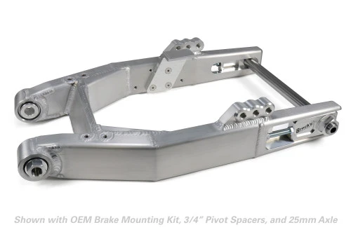 <ul>
<li>Handcrafted 6061-T6 aluminum extended swingarm</li>
<li>Proprietary custom extrusion made exclusively for Brock's Performance</li>
<li>Adjustable wheelbase, from stock location up to 3 inches over</li>
<li>3-position shock mounts allow flexibility in ride height (stock, -1&rdquo;, -2&rdquo;)</li>
<li>Designed for use in high-power, high-torque applications</li>
<li>Includes centerless ground 4130 Chromoly axle<br /> <em>(choose from 3/4&rdquo;, 25mm, 1&rdquo;, or 28mm axles)</em></li>
<li>Reversible billet aluminum axle adjusters for easy wheel adjustments</li>
<li>Select from one of two caliper mounting options:
<ul>
<li><a style="color: blue;" href="%%GLOBAL_ShopPathSSL%%/content/images/Dyna_Swingarm_Undermount_Brake_Hanger_Contents_Zoom.jpg" target="_blank">Undermount</a> - For Aftermarket Calipers</li>
<li>OEM - For using the OEM Dyna Caliper and Mount<br /> (select the correct axle size for your caliper mount)</li>
</ul>
</li>
<li>PTFE&reg; lined spherical bearings from <a style="color: blue;" href="https://blog.brocksperformance.com/why-choose-worldwide-bearings/" target="_blank">Worldwide Bearings</a> preinstalled</li>
<li>Select spacer size for the model year Dyna:
<ul>
<li>11/16&rdquo; - Model Years 2000-2005</li>
<li>3/4&rdquo; - Model Years 2006-2017</li>
</ul>
</li>
<li>Interior swingarm width measures 10 5/8&rdquo; at the axle</li>
<li>The total weight of swingarm, hardware, and axle is 14.78 lb. (6.70 kg)<br /> <em>(see the 'Technical' tab for details)</em></li>
<li>Designed, machined, and assembled in the USA</li>
<li>Burnished raw aluminum finish</li>
<li>See 'Technical' tab for installation information</li>
<li><a style="color: blue;" href="%%GLOBAL_ShopPathSSL%%/content/Instructions/VTwin/998129.pdf" target="_blank">Click here to view installation information</a></li>
<li><a style="color: blue;" href="%%GLOBAL_ShopPathSSL%%/content/Instructions/VTwin/996850.pdf" target="_blank">Click here to view pivot bolt stack-up engineered drawing</a></li>
<li><strong>Overall hub width is critical for proper operation/handling, see 'Technical' tab for <a style="color: blue;" href="%%GLOBAL_ShopPathSSL%%/content/images/Dyna_Swingarm_Stackup_Dimensions_Drawing.jpg">important information</a> regarding installation</strong></li>
</ul>
<div class="moretab" data-title="Product Details">
<p>What do you get when you combine 25 years of sportbike drag racing and innovation with a V-Twin industry cry for a swingarm that can handle the ever-increasing demands of ultra-powerful Dyna's? Introducing the Performance Dyna Swingarm&trade;, by Brock's Performance. Leaning heavily on technology proven in the &lsquo;stupid fast&rsquo; turbocharged sportbike area, our tubing, bracing, billet aluminum ends and Chromoly axles routinely control 750 hp/350 ft-lb no wheelie bar missiles in 6 second/220MPH action.</p>
<p>Adapting this winning combination for smooth operation and long street life for your Dyna, we installed replaceable PTFE&reg; lined spherical bearings from Worldwide Bearings at the pivot loops. Adding a bit of flexibility to the stance and chassis tunability in the rear, billet 3-position shock mounts (1/2-13 thread) are standard allowing for stock height, -1&rdquo;, and -2&rdquo; mounting positions. Speaking of flexibility, check out the brake mounting options to run the OEM caliper and mount or your favorite aftermarket caliper.</p>
<p>Don't forget the extra 3 inches in length can be worth as much as 3 tenths improvement in the 1/4 mile. The bottom line, weighing in at a little over 1/2 the weight of the OEM swingarm and built to handle as much power as you can throw at it, moving/bent axles can now be a thing of the past, and you can look great and go faster too.</p>
<p><strong>Note:</strong> Performance Dyna Swingarms are not designed for off-road use.</p>
<hr style="height: 1px; color: gray; width: 100%; align: left;" />
<p><strong>American V-Twin Fitment Statement:</strong><br /> Although all attempts have been made to handcraft a product which will fit a wide variety of machines for a particular make/model/year, due to idiosyncrasies between particular years, available options, accessories, etc&hellip;, fitment cannot be 100% guaranteed. If upon assembly, fitment issues are discovered which are beyond the installer's ability or willingness to correct, then please feel free to contact our customer service department, alert Brock's Performance of the fitment issue for your particular make/model, and obtain an RMA (Return Material Authorization). Brock's Performance will accept unmodified swingarms, in 100% resalable condition for a full refund.</p>
<p><em>Please note, refunds are issued after product inspection at Brock's Performance, and the customer is responsible for any/all shipping charges.</em></p>
</div>
<div class="moretab" data-title="Technical">
<p><strong>Attention: When spacing Dyna rear wheel, <a style="color: blue;" href="%%GLOBAL_ShopPathSSL%%/content/images/Dyna_Swingarm_Stackup_Dimensions_Drawing.jpg">the overall width</a> including spacers, brake hanger, etc. Must be: 10.625 in +.020in/-.000in / (269.88mm +.50mm/-.00mm)</strong></p>
<p>Overall hub width is critical for proper operation/handling, product longevity, and rider safety. Brock&rsquo;s Performance <a style="color: blue;" href="https://blog.brocksperformance.com/terms-and-conditions/">will not warranty</a> any damaged swingarm found not to be in compliance with these spacing guidelines.</p>
<hr style="height: 1px; color: gray; width: 100%; align: left;" />
<p><strong>Performance Dyna Swingarm Weight:</strong></p>
<ul>
<li><strong>Swingarm w/ Bearings:</strong> 10.90 lb. (4.94 kg)</li>
<li><strong>Axle w/ Nuts &amp; Blocks:</strong>
<ul>
<li>3/4&rdquo; - 2.85 lb. (1.29 kg)</li>
<li>25mm - 3.15 lb. (1.43 kg)</li>
<li>1&rdquo; - 3.20 lb. (1.45 kg)</li>
<li>28mm - 3.40 lb. (1.54 kg)</li>
</ul>
</li>
<li><strong>Pivot Bushings:</strong>
<ul>
<li>5/8&rdquo; - 0.40 lb. (0.18 kg)</li>
<li>3/4&rdquo; - 0.43 lb. (0.20 kg)</li>
</ul>
</li>
<li><strong>Caliper Mounting Hardware:</strong>
<ul>
<li>OEM Mount - 0.60 lb. (0.27 kg)</li>
<li>Undermount Kit - 0.80 lb. (0.36 kg)</li>
</ul>
</li>
</ul>
<p><strong>Total Performance Dyna Swingarm Weight with OEM Caliper Mount, 3/4&rdquo; Axle, and 3/4&rdquo; Pivot Bushings:</strong> 14.78 lb. (6.70 kg)</p>
<hr style="height: 1px; color: gray; width: 100%; align: left;" />
<p><strong>Installation Information:</strong></p>
<ul>
<li>Not a 100% bolt-on application</li>
<li>Performance swingarms are wider than OEM to accommodate wider rear tires, an offset sprocket/pulley may be required and/or modification of the rear wheel carrier<br /> <em>(for BST wheels <a style="color: blue;" href="%%GLOBAL_ShopPathSSL%%/bst-crw-sprocket-carrier-low-clearance-40000-8000-19025a/" target="_blank">low profile sprocket carriers</a> are available)</em></li>
<li>Fabrication of wheel and/or shocks spacers required</li>
<li>For modified bikes, Brock's Performance recommends the 3/4&rdquo; pivot shaft which may require modification of the transmission case</li>
<li>When using the 3/4" axle in high power applications, we suggest a wheel configuration that utilizes a double row bearing (or outboard bearing) on the sprocket/pulley side</li>
</ul>
</div>