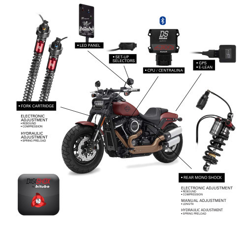 <p><span style="font-size: medium;"><strong>Front Fork Cartridge Adjustments:</strong></span></p>
<ul>
<li>Electronic Adjustment</li>
<ul>
<li>Rebound</li>
<li>Compression</li>
</ul>
</ul>
<ul>
<li>Hydraulic Adjustment</li>
<ul>
<li>Spring Preload</li>
</ul>
</ul>
<p><span style="font-size: medium;"><strong>Rear Mono Shock Adjustments:</strong></span></p>
<ul>
<li>Electronic Adjustment</li>
<ul>
<li>Rebound</li>
<li>Compression</li>
</ul>
</ul>
<ul>
<li>Hydraulic Adjustment</li>
<ul>
<li>Spring Preload</li>
</ul>
</ul>
<ul>
<li>Manual Adjustment</li>
<ul>
<li>Length</li>
</ul>
</ul>
<p><a style="color: blue;" href="%%GLOBAL_ShopPathSSL%%/content/Bitubo/Instructions/HD001DSC091_English.pdf" target="_blank">Click here to view Installation Instructions</a></p>
<p><a style="color: blue;" href="%%GLOBAL_ShopPathSSL%%/content/Bitubo/Instructions/DigiShox_Manual_English.pdf" target="_blank">Click here to view DigiShox User Manual</a></p>
<div class="moretab" data-title="Product Details">
<p><span style="font-size: large;"><strong>DigiShox System for Harley Davidson</strong></span></p>
<p>DigiShox Electronic Suspension System H-D Fat Bob FXFB/FXFBS(18-19). A computer-controlled system that adjusts the ride characteristics and performance of your bike.</p>
<p>The Bitubo DigiShox system is composed of the multi patented ECH front cartridges, XXF rear mono shock, control unit with Bluetooth, control display indicating the status of the setting in use among the 12 available, E-lean drop sensor and a GPS sensor to determine speed and position.</p>
<p>Bitubo ECH cartridge kit is equipped with the hydraulic adjustment of the manual spring preload and electronic adjustment of compression and rebound. Bitubo XXF mono shock is equipped with the electronic adjustment of rebound, compression and preload, thanks to the use of the smallest and most efficient micro motors ever used before by any suspension company. These custom designed micro motors can increase the speed of control more than 30%, compared to any other similar system.</p>
<p>The units come equipped with 9 adjustments that are preset by the factory and can&rsquo;t be modified, as well as 3 adjustments that can be personalized by the user.</p>
<p>The inserted map is visible on the display through the choice of position 1, 2 or 3 and for each of them it is possible to choose the colors: red, green, blue or white.</p>
<p>Another exclusive feature of Bitubo DS system is the possibility to create more personalized set-ups through a downloadable app by Apple store or by Android Market. After downloading the App and selecting it, the user will be faced with the 9 adjustments preset by Bitubo (not modifiable) and 3 more (in grey in the bottom of the application screen), customizable to suit the user. The user can then send his personalized set-ups through the application to the control unit via Bluetooth wireless technology; the set-ups are selectable through the handlebar selector also on the go, with a reaction time of the system of just 100 milliseconds.</p>
</div>
<div class="moretab" data-title="About Bitubo">
<p><iframe src="%%GLOBAL_ShopPathSSL%%/content/Descriptions/About_Bitubo_Description_Tab.html" width="100%" height="500" frameborder="0"></iframe></p>
</div>
