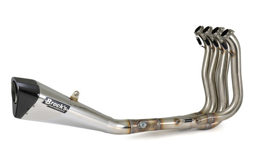<ul>
<li>15" megaphone muffler</li>
<li>Show-polished finish</li>
<li>2.25" (57.2 mm) outlet permanent baffle</li>
<li>Lightweight system weighs only 7.95 lb.</li>
<li>Larger diameter outlet provides increased exhaust flow</li>
<li>Maximized power gains on stock and modified engines</li>
<li>Distinctive look and aggressive sound<br /> (optional <a style="color: blue;" href="%%GLOBAL_ShopPathSSL%%/noise-suppressor-fits-penta-carbon-muffler/" target="_blank">noise suppressor</a> sold separately)</li>
<li>Each muffler is hand-fabricated into a distinctive penta-diamond shape</li>
<li>Muffler angles optimized for maximum ground clearance when cornering</li>
<li>Customize with over 100 different color combinations</li>
<li>Endcaps are produced by BST to ensure a perfect match to your wheels</li>
<li>No fairing modifications required</li>
<li>Aerospace quality, ultra-lightweight stainless construction</li>
<li>Pre-installed 18mm bung for wideband O2 sensor</li>
<li>Includes (emissions/PAIR) block off cap for decel-pop reduction</li>
<li>Includes (4x) OEM replacement exhaust gaskets</li>
<li>3oz. tube of <a style="color: blue;" href="%%GLOBAL_ShopPathSSL%%/permatex-ultra-copper-3oz/" target="_blank">Permatex Ultra Copper&reg;</a> supplied with purchase</li>
<li>Includes Brock&rsquo;s lifetime direct support package <em>at no additional charge</em></li>
<li>Select from increased drivability/fuel mileage (pump gas) or race-proven (race fuel) track maps via our <a style="color: blue;" href="https://blog.brocksperformance.com/category/map-support/" target="_blank">map support program</a> <em>at no additional charge</em></li>
<li><a style="color: blue;" href="%%GLOBAL_ShopPathSSL%%/product_images/uploaded_images/Logo_Plates_Article_Page_Display.jpg" target="_blank">Click here to view logo plate color options</a></li>
<li><a style="color: blue;" href="%%GLOBAL_ShopPathSSL%%/content/Instructions/OTHER/998140.pdf" target="_blank">Click here to view installation instructions</a></li>
<li><a style="color: blue;" href="https://support.brocksperformance.com/hc/en-us/sections/360013457111-Penta-Carbon-Exhaust" target="_blank">Click here to view Penta-Carbon Frequently Asked Questions (FAQ)</a></li>
</ul>
<div class="moretab" data-title="Product Details">
<p>The NEW Brock&rsquo;s Performance Penta-Carbon&trade; Stainless Steel Full Exhaust System is like no other. Make it your own! The Penta-Carbon&trade; is designed to be customized to your specifications. The heart of this customization is a beautiful five-sided carbon fiber endcap produced exclusively for Brock&rsquo;s Performance by world-renowned carbon composite specialists Blackstone Tek (aka BST Carbon Fiber wheels). Not only is the carbon cap available in gloss or matte finishes, we have also expanded the offerings to match any available BST carbon fiber wheel custom ink colors, for a combination that is truly unique. Check this link for more information on Xirallic&reg;, the shimmering &lsquo;Ink&rsquo; finish applied to produce subtle colors that explode in direct sunlight: <a style="color: blue;" href="https://blog.brocksperformance.com/bst-custom-ink/" target="_blank">BST Custom Ink &amp; Finish Options</a></p>
<p>Don&rsquo;t have carbon fiber wheels yet? No problem, the colored end caps match the schemes of most brands: blue, red, and green&hellip; just to name a few.</p>
<p>&lsquo;What about the pipe,&rsquo; you ask? With sharp lines to match the aesthetic design trends of most modern sportbikes combined with the aggressive sound (hidden noise suppressor sold separately) Brock&rsquo;s exhausts are known for, the Penta-Carbon&trade; shape won&rsquo;t get lost in the crowd. They are available in show polished stainless or black ceramic-coated stainless. If you like the sound and power of our Alien Head mufflers, you will love this modern take on Brock&rsquo;s legendary mindset.</p>
<p>Already have a Brock&rsquo;s Performance Alien Head&trade;, Short Meg&trade; or Slash Cut exhaust? No problem, the Penta-Carbon&trade; muffler is available separately (call for details) and designed to be an easy direct swap that takes only minutes.</p>
<p>As an added bonus for our #stupidfast friends, the Penta-Carbon&trade; muffler is also around 1/2 lb. (.22 kg) lighter than a comparable Alien Head or ShortMeg mufflers and outflows our Slash Cut mufflers.</p>
<p>And finally, the Penta-Carbon&trade; Mufflers are adorned with our new, more discreet, logo plates in a variety of colors as well as in our Stupid Fast (US Trademark No. 4,268,627) version: <a style="color: blue;" href="%%GLOBAL_ShopPathSSL%%/product_images/uploaded_images/Logo_Plates_Article_Page_Display.jpg" target="_blank">Logo Plate Color Options</a></p>
</div>