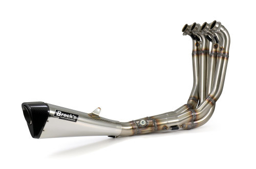<ul> <li>15" megaphone muffler</li> <li>Show-polished finish</li> <li>2.25" (57.2 mm) outlet permanent baffle</li> <li>Larger diameter outlet provides increased exhaust flow</li> <li>Maximized power gains on stock and modified engines</li> <li>Distinctive look and aggressive sound<br /> (optional <a style="color: blue;" href="%%GLOBAL_ShopPathSSL%%/noise-suppressor-fits-penta-carbon-muffler/" target="_blank">noise suppressor</a> sold separately)</li> <li>Each muffler is hand fabricated into a distinctive penta-diamond shape</li> <li>Muffler angles optimized for maximum ground clearance when cornering</li> <li>Customize with over 100 different color combinations</li> <li>Endcaps are produced by BST to ensure a perfect match to your wheels</li> <li>No fairing modifications required</li> <li>Aerospace quality, ultra lightweight stainless construction</li> <li>59% weight savings vs. OEM exhaust system</li> <li>Pre-installed 18mm bung for wideband O2 sensor<br />(block-off plug and 12mm O2 bung adapter included)</li> <li>Includes (emissions/PAIR) block off cap for decel-pop reduction</li> <li>3oz. tube of <a style="color: blue;" href="%%GLOBAL_ShopPathSSL%%/permatex-ultra-copper-3oz/" target="_blank">Permatex Ultra Copper&reg;</a> supplied with purchase</li> <li>Includes Brock&rsquo;s lifetime direct support package <em>at no additional charge</em></li> <li>Select from increased drivability/fuel mileage (pump gas) or race-proven (race fuel) track maps via our <a style="color: blue;" href="https://blog.brocksperformance.com/category/map-support/" target="_blank">map support program</a> <em>at no additional charge</em></li> <li><a style="color: blue;" href="%%GLOBAL_ShopPathSSL%%/product_images/uploaded_images/Logo_Plates_Article_Page_Display.jpg" target="_blank">Click here to view logo plate color options</a></li> <li><a style="color: blue;" href="%%GLOBAL_ShopPathSSL%%/content/Instructions/OTHER/998140.pdf" target="_blank">Click here to view installation instructions</a></li> <li><a style="color: blue;" href="%%GLOBAL_ShopPathSSL%%/content/Instructions/ZX10R_ZX12R/996382.pdf" target="_blank">Click here for PAIR block-off instructions</a></li> <li><a style="color: blue;" href="https://support.brocksperformance.com/hc/en-us/sections/360013457111-Penta-Carbon-Exhaust" target="_blank">Click here to view Penta-Carbon Frequently Asked Questions (FAQ)</a></li> </ul> <div class="moretab" data-title="Product Details"> <p>The NEW Brock&rsquo;s Performance Penta-Carbon&trade; Stainless Steel Full Exhaust System is like no other. Make it your own! The Penta-Carbon&trade; is designed to be customized to your specifications. The heart of this customization is a beautiful five-sided carbon fiber endcap produced exclusively for Brock&rsquo;s Performance by world-renowned carbon composite specialists Blackstone Tek (aka BST Carbon Fiber wheels). Not only is the carbon cap available in gloss or matte finishes, we have also expanded the offerings to match any available BST carbon fiber wheel custom ink colors, for a combination that is truly unique. Check this link for more information on Xirallic&reg;, the shimmering &lsquo;Ink&rsquo; finish applied to produce subtle colors that explode in direct sunlight: <a style="color: blue;" href="https://blog.brocksperformance.com/bst-custom-ink/" target="_blank">BST Custom Ink &amp; Finish Options</a></p> <p>Don&rsquo;t have carbon fiber wheels yet? No problem, the colored end caps match the schemes of most brands: blue, red, and green&hellip; just to name a few.</p> <p>&lsquo;What about the pipe,&rsquo; you ask? With sharp lines to match the aesthetic design trends of most modern sportbikes combined with the aggressive sound (hidden noise suppressor sold separately) Brock&rsquo;s exhausts are known for, the Penta-Carbon&trade; shape won&rsquo;t get lost in the crowd. They are available in show polished stainless or black ceramic-coated stainless. If you like the sound and power of our Alien Head mufflers, you will love this modern take on Brock&rsquo;s legendary mindset.</p> <p>Already have a Brock&rsquo;s Performance Alien Head&trade;, Short Meg&trade; or Slash Cut exhaust? No problem, the Penta-Carbon&trade; muffler is available separately (call for details) and designed to be an easy direct swap that takes only minutes.</p> <p>As an added bonus for our #stupidfast friends, the Penta-Carbon&trade; muffler is also around 1/2 lb. (.22 kg) lighter than a comparable Alien Head or ShortMeg mufflers and outflows our Slash Cut mufflers.</p> <p>And finally, the Penta-Carbon&trade; Mufflers are adorned with our new, more discreet, logo plates in a variety of colors as well as in our Stupid Fast (US Trademark No. 4,268,627) version: <a style="color: blue;" href="%%GLOBAL_ShopPathSSL%%/product_images/uploaded_images/Logo_Plates_Article_Page_Display.jpg" target="_blank">Logo Plate Color Options</a></p> </div> <div class="moretab" data-title="Technical"> <p><strong>ZX-10R (2021) Exhaust Weight Comparison</strong></p> <p><em><strong>OEM Full Exhaust System:</strong></em></p> <ul> <li>Muffler: 5.85 lb.</li> <li>Heatshields: 0.50 lb.</li> <li>Catalytic Converter: 10.60 lb.</li> <li>Head Pipes: 4.65 lb.</li> </ul> <p><em>Total =</em> 21.60 lb. (9.80 kg)</p> <p><em><strong>Penta-Carbon&trade; Full System:</strong></em></p> <ul> <li>Muffler: 2.45 lb.</li> <li>Front Section (w/ flanges &amp; hardware): 6.40 lb.</li> </ul> <p><em>Total =</em> 8.85 lb. (4.01 kg)</p> <p><strong>Total Weight Savings = </strong> 12.75 lb. (5.78 kg) or 59% of OEM weight</p> <hr style="height: 1px; color: gray; width: 100%; align: left;" /> <p><strong>ZX-10R (2021) Full System Decibel Levels</strong></p> <p><em>Testing procedure performed according to <a style="color: blue;" href="https://blog.brocksperformance.com/sae-j2825-measurement-of-exhaust-sound-pressure-levels-of-stationary-on-highway-motorcycles/" target="_blank">SAE J2825</a></em></p> <p><strong>Penta-Carbon Full System:</strong></p> <p>Idle: 92 dBA / 5000 RPM: 109 dBA</p> <p><strong>Penta-Carbon Full System (with <a style="color: blue;" href="%%GLOBAL_ShopPathSSL%%/noise-suppressor-fits-penta-carbon-muffler/" target="_blank">Noise Suppressor</a>):</strong></p> <p>Idle: 89 dBA / 5000 RPM: 105 dBA</p> </div>