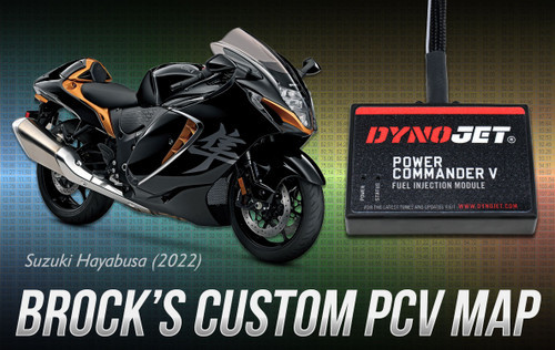 <p><strong>Caution: DO NOT ATTEMPT TO OPEN ANY PCV MAP unless the <a style="color: blue;" href="https://www.dynojet.com/downloads/power-commander-v/" target="_blank">Power Commander V Software</a> has been installed on your computer. See 'Installation' tab for important information on TPS calibration and map loading.</strong></p>
<p><span style="color: #ff0000;"><strong>Attention: MAP SHARING IS ** NOT PERMITTED! ** Anyone suspected of sharing Brock's Performance Maps (or modified versions of original Brock maps) will be TERMINATED from the Map Support, Technical Support and Discount Programs.</strong></span></p>
<p><strong>Hayabusa (2022): ALL Under-Fairing (Non-Sidewinder) FULL Exhaust Systems: PCV Street Map (Stock ECU)</strong></p>
<p>This map is for use in 2022 Hayabusa's with stock engines and ECU using any/all under-fairing (non-Sidewinder) Brock's Performance Exhaust Systems while using a Dynojet Power Commander V Part #20-064. Optional noise reduction inserts may also be used with no map changes required.</p>
<p>Brock's Performance map databases represent typical combinations for hot-street and/or track use based on stock engine management combinations. These map building techniques have been perfected over many years, thousands of miles and dyno pulls, as well as drag strip runs to provide the best proven performance under a wide range of exhausts, set-up, and fuel combinations.</p>
<p><strong>Basic Map Description:</strong></p>
<p><strong><span style="text-decoration: underline;">'Street-Style' Map:</span></strong> For competition use ONLY on 'street-style' road courses (also at home on drag strip, LSR, Mexico, etc.), using pump gas (Shell and Marathon 89 - 93 Octane fuel used to develop pump gas maps, but any <a style="color: blue;" href="https://support.brocksperformance.com/hc/en-us/articles/360061092831-Top-Tier-Detergent-Gasoline" target="_blank">Top Tier Detergent Gasoline</a> can be used - follow bike manufacturers min octane recommendations). Designed to enhance high speed drivability and power, while working in conjunction with the closed loop area of the ECU to reduce emissions and increase fuel mileage at cruising speeds, and still provide the mid-range and top end punch of our track maps. OEM or any Sprint Filter installed (map developed using <a style="color: blue;" href="%%GLOBAL_ShopPathSSL%%/sprint-filter-p08-suzuki-hayabusa-2022/" target="_blank">Sprint Filer P08</a>). <em>Aftermarket "oiled gauze" filters not recommended.</em></p>
<p><strong><a style="color: blue;" href="https://brocksperformance.zendesk.com/hc/en-us/articles/360061986831-Can-Brock-s-maps-be-used-with-fuels-in-any-country-" target="_blank">Can Brock's maps be used with fuels in any country?</a></strong></p>
<p><strong>*Due to the nature of this product, all sales are final*</strong></p>
<div class="moretab" data-title="Technical">
<p><span style="color: #ff0000;"><strong><span style="text-decoration: underline;">**ATTENTION**</span></strong></span></p>
<p>This map is designed for use in conjunction with the <span style="text-decoration: underline;">STOCK OEM ECU ONLY</span> with the <span style="text-decoration: underline;">OEM AIR FUEL RATIO (AFR) SENSORS INSTALLED AND FULLY FUNCTIONAL</span>. The 2022 Hayabusa ECU contains a closed loop area of fuel control (for emissions) that must remain functional and unmapped by the PCV. This map is designed specifically for use with the <a style="color: blue;" href="%%GLOBAL_ShopPathSSL%%/gen-2-to-gen-3-hayabusa-full-exhaust-adapter-kit/" target="_blank"><span>Brock's Performance Gen 2 to Gen 3 Hayabusa Full Exhaust Adapter Kit</span></a> or without this kit if using a Gen 3 specific exhaust with provisions to mount <span style="text-decoration: underline;">BOTH</span> OEM AFR sensors.</p>
<p><strong>COMPETITION USE ONLY POLICY</strong></p>
<p>All products are for <a style="color: blue;" href="https://blog.brocksperformance.com/competition-use-only-policy/" target="_blank">competition use only</a> (excluding wheels). Any other use may violate the law. Not all parts are certified for highway use. Check your local and state laws. Brock Davidson Enterprises, Inc. disclaims any and all liability for consequential or incidental damages. <a style="color: blue;" href="https://blog.brocksperformance.com/competition-use-only-policy/" target="_blank"><strong>Click here to read more about this policy</strong></a>.</p>
<p><span style="color: #ff0000;"><strong>DO NOT DISTRIBUTE.</strong></span> This map is property of Brock Davidson Enterprises, Inc.</p>
<p>Brock&rsquo;s Performance will supply maps to approved customers on an individual basis through the Brock&rsquo;s Performance Map Support System. A separate map support request must be submitted EVERY TIME an additional map is requested. This is the ONLY way we can be sure we have your latest/updated information which will allow us to send you the best map available for your application.</p>
<p>DO NOT SHARE THIS MAP! We have worked hundreds of man hours and spent countless dollars to perfect our mapping. We simply cannot afford to have it provided to non-customers. (There is also a VERY good chance that one of our maps will be used to out run YOU if they are provided to others!)</p>
<p>FYI: If you purchased your Power Commander directly from Brock&rsquo;s Performance Products, there will be a HAND WRITTEN tag on the back of the unit indicating that the correct map has already been pre-loaded and verified. To load a specific map from your map support request, see 'Installation' tab.</p>
</div>
<div class="moretab" data-title="Installation">
<p><span style="text-decoration: underline;"><strong>Before installing this map, TPS calibration must be verified and/or manually adjusted.</strong></span></p>
<ul>
<li>Plug PCV Mini USB cable into computer USB port and mini connector into PCV (cable included with PCV purchase)</li>
<li>Open PCV program from Desktop icon</li>
<li>On Main Menu, Click: Power Commander Tools > Calibrate > Throttle Position</li>
<li>When the Throttle Calibration Box Appears, confirm the min/max values read these numbers <strong>EXACTLY:</strong></li>
</ul>
<p><img src="https://cdn11.bigcommerce.com/s-415rnuyx4g/product_images/uploaded_images/2022_Hayabusa_PCV_Throttle_Calibration_Image.png" alt="Hayabusa (2022) PCV Throttle Calibration" width="466" height="193" /></p>
<p>If your numbers differ from above, please manually insert these values and click ok.</p>
<p>You are now ready to install your Brock&rsquo;s Performance Map. (See instructions below.)</p>
<p><strong><span style="color: #ff0000;"><span style="text-decoration: underline;">DO NOT ATTEMPT TO LOAD OR VIEW THIS MAP UNLESS YOU ARE IN THE POWER COMMANDER V SOFTWARE PROGRAM!</span></span></strong></p>
<p><strong>FOLLOW THESE STEPS TO PROPERLY INSTALL THE MAP:</strong></p>
<p><span style="text-decoration: underline;"><strong>Step 1:</strong></span></p>
<p>Save or download the attached map file(s) to your Desktop.</p>
<p><span style="text-decoration: underline;"><strong>Step 2:</strong></span></p>
<p>Attach the MINI USB cable included with your PCV from your computer's USB port to the PCV.</p>
<p>Double click on PCV Quick Access Icon on the desktop.</p>
<p>Your Power Commander should now go live (look for a green POWER light on the face of the PCV unit.) Also look for | Network Connected | on the lower right-hand side of the screen.</p>
<p><strong>TIP:</strong> The PCV will interface the same whether it is mounted on your bike or not. No additional power is required as the PCV is powered via the USB port of your computer. This is handy for bench-installing the map, etc.</p>
<p><strong>Your PCV will automatically GET and DISPLAY the map pre-loaded into the unit.</strong> If this is the correct map for your application (See Show Notes below), unplug the cable, and you are finished. If you would like to install, reinstall, or verify the map you received from our map support staff, please continue.</p>
<p>Select <strong>Open Map<strong>.</strong></strong></p>
<p>Look in: <strong>Desktop<strong> (click the down arrow to choose Desktop from the drop-down menu).</strong></strong></p>
<p>Double Left click on the map of your choice, previously saved to your desktop: Example: &ldquo;BPP-XXXXX-&ldquo;street&rdquo; or &ldquo;track&rdquo; -XXXX_ etc.&rdquo; .pvm</p>
<p><strong>Note:</strong> Click > View > Show Notes to confirm this is the correct map you are attempting to send to the PCV.</p>
<p>Select <strong>Send Map</strong>.</p>
<p>**Watch the lower left PCV screen for: Device Connected | Map Sent Successfully.</p>
<p><strong>TIP:</strong> To verify the map loaded correctly. With the mini USB cable still connected, close out of the software > reopen (PCV will automatically Get and Display map in unit) > verify the map part number in the notes.</p>
<p>If your map loads correctly - you are finished.</p>
<p>Good Luck - Ride Safe - Always Wear Your Safety Gear and GO #stupidfast&reg;.</p>
</div>