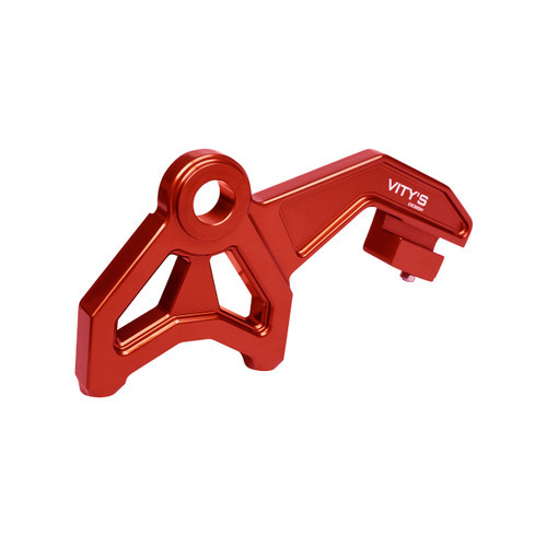 <ul>
<li>Rear radial mount brake caliper bracket (red)</li>
<li>CNC machined from billet aluminum</li>
<li>108mm bolt to bolt spacing</li>
<li><strong>Aftermarket 108mm radial mount calipers <a style="color: blue;" href="%%GLOBAL_ShopPathSSL%%/v-twin/brakes/brake-calipers/caliper-singles/" target="_blank">available here</a></strong></li>
<li>Optional for <a style="color: blue;" href="%%GLOBAL_ShopPathSSL%%/vitys-performance-swingarm-red-touring-models-09-24/" target="_blank">Vity's Design Touring Swingarm</a> installation</li>
</ul>
<div class="moretab" data-title="About Vity's Design">
<p>Vity's goal is to dedicate the highest effort we possibly can into our original, custom designed products for your beloved Harley Davidson. Quality and customer satisfaction is imperative to us. We also love our heritage that helped us greatly in the process of creating this brand. Italian craftsmanship at its best.</p>
<p>Vity&rsquo;s Design showcases the natural beauty of CNC machining in most products by intentionally omitting final finishing processes such as tumbling, stonewashing, burnishing, or polishing.</p>
<p>The following quote from Vity's Design Founder, Matteo Vitali is translated from Italian: "From the incredible passion for Harley Davidson, my every single iron take shape. From a deep and meticulous study of materials, shapes and color, my accessories come to life."</p>
</div>