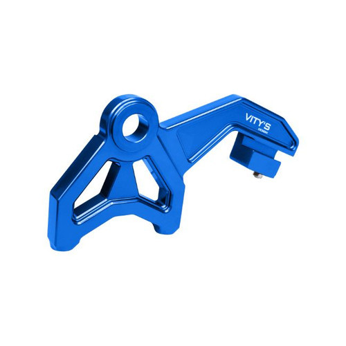 <ul>
<li>Rear radial mount brake caliper bracket (blue)</li>
<li>CNC machined from billet aluminum</li>
<li>108mm bolt to bolt spacing</li>
<li><strong>Aftermarket 108mm radial mount calipers <a style="color: blue;" href="%%GLOBAL_ShopPathSSL%%/v-twin/brakes/brake-calipers/caliper-singles/" target="_blank">available here</a></strong></li>
<li>Optional for <a style="color: blue;" href="%%GLOBAL_ShopPathSSL%%/vitys-performance-swingarm-black-touring-models-09-24/" target="_blank">Vity's Design Touring Swingarm</a> installation</li>
</ul>
<div class="moretab" data-title="About Vity's Design">
<p>Vity's goal is to dedicate the highest effort we possibly can into our original, custom designed products for your beloved Harley Davidson. Quality and customer satisfaction is imperative to us. We also love our heritage that helped us greatly in the process of creating this brand. Italian craftsmanship at its best.</p>
<p>Vity&rsquo;s Design showcases the natural beauty of CNC machining in most products by intentionally omitting final finishing processes such as tumbling, stonewashing, burnishing, or polishing.</p>
<p>The following quote from Vity's Design Founder, Matteo Vitali is translated from Italian: "From the incredible passion for Harley Davidson, my every single iron take shape. From a deep and meticulous study of materials, shapes and color, my accessories come to life."</p>
</div>