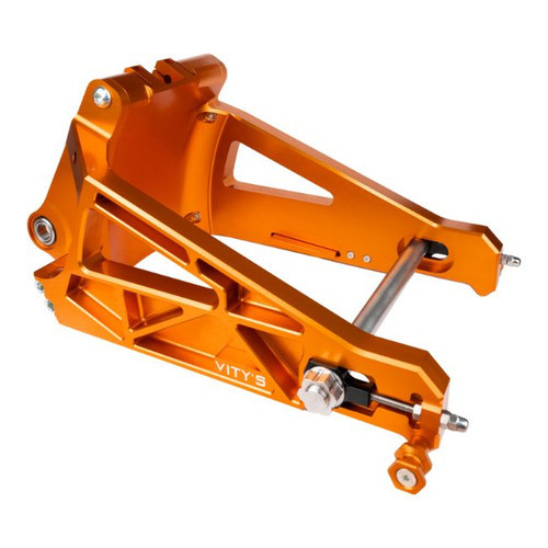 <ul>
<li>Orange anodized performance swingarm</li>
<li>CNC machined from billet aluminum</li>
<li>Designed for stability and control while shedding&nbsp;10% of the OEM arm weight</li>
<li>Compatible with (18-26) Softail models</li>
<li>Includes an upgraded 25mm axle and bearings</li>
<li><strong>Applications utilizing a lowered rear suspension setup require custom machining of the drive belt slot</strong></li>
<li><strong>OEM axial mounted calipers do not fit</strong></li>
<li><strong>108mm radial caliper mount included for aftermarket caliper installation</strong></li>
<li>108mm aftermarket radial calipers available <a style="color: blue;" href="%%GLOBAL_ShopPathSSL%%/v-twin/brakes/brake-calipers/caliper-singles/" target="_blank">here</a></li>
<li><a style="color: blue;" href="%%GLOBAL_ShopPathSSL%%/content/Bitubo/Instructions/Vitys_Design_Softail_Swingarm_Assembly_Diagram_Revised.pdf" target="_blank">Click here to view swingarm schematic and torque specs</a></li>
</ul>
<p><em>Installation should be performed following the OEM Harley-Davidson Service Manual and torque specifications</em></p>
<div class="moretab" data-title="About Vity's Design">
<p>Vity's goal is to dedicate the highest effort we possibly can into our original, custom designed products for your beloved Harley Davidson. Quality and customer satisfaction is imperative to us. We also love our heritage that helped us greatly in the process of creating this brand. Italian craftsmanship at its best.</p>
<p>Vity&rsquo;s Design showcases the natural beauty of CNC machining in most products by intentionally omitting final finishing processes such as tumbling, stonewashing, burnishing, or polishing.</p>
<p>The following quote from Vity's Design Founder, Matteo Vitali is translated from Italian: "From the incredible passion for Harley Davidson, my every single iron take shape. From a deep and meticulous study of materials, shapes and color, my accessories come to life."</p>
</div>