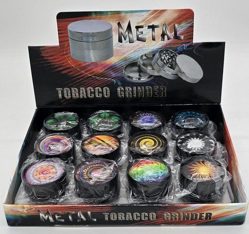 40mm Black Aluminum Swirl Color Tobacco Grinder - 12ct