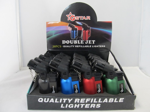 Double Flame 45° Torch Lighter w/Cap 20ct Metallic Display 