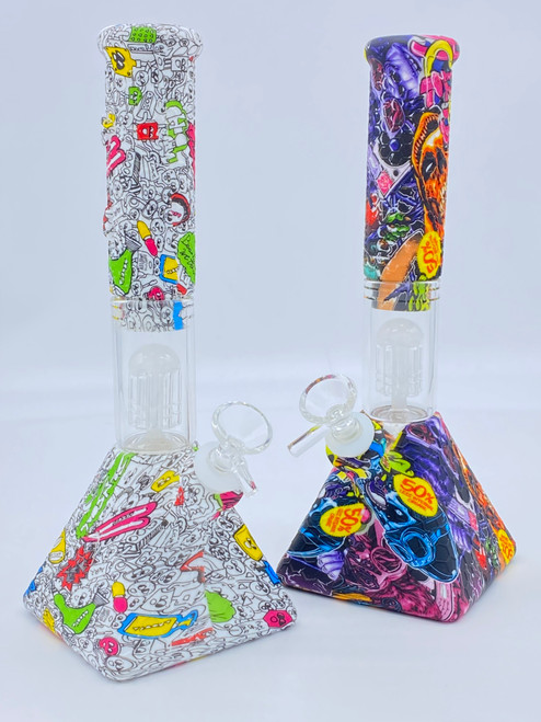 11" ENGRAVED BEE GRAFFITI PRINT PYRAMID SILICONE BEAKER BASE WATER PIPE W/ TREE PERC