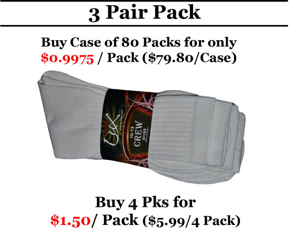 3 Pair Pack Double Lux Sports Crew Socks White  - C/PCWHIC