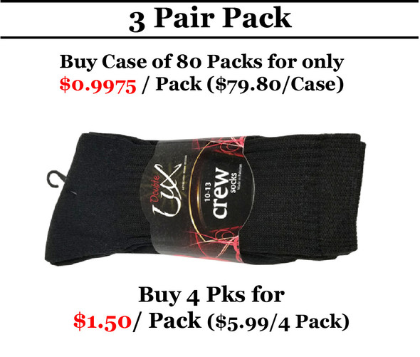 3 Pair Pack Double Lux Sports Crew Socks Black  - C/PCWHIC