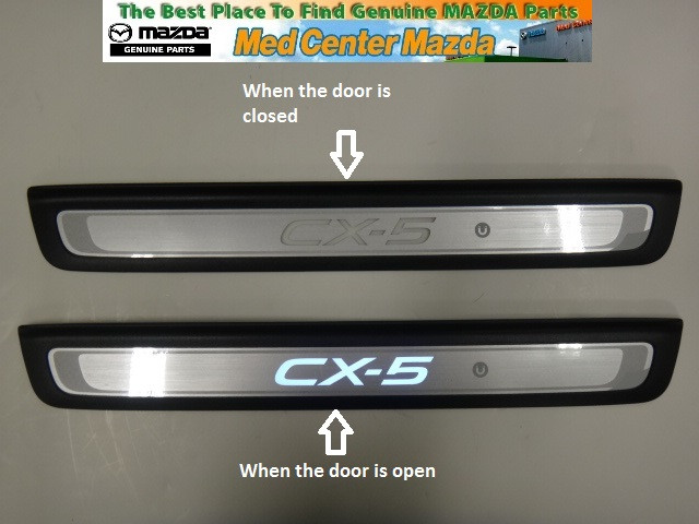 Mazda CX5 Aluminum Scuff Plates with an illuminated CX5 logo
