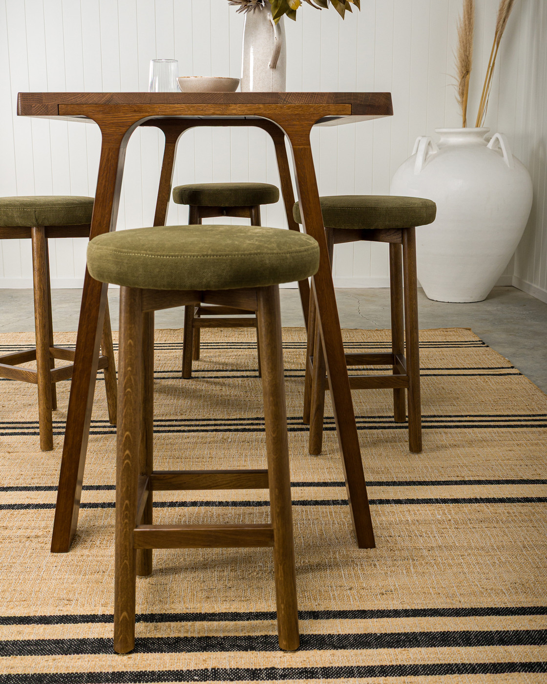 Curve Bar Stool - Dark Oak, Olive Green Seat 75cm