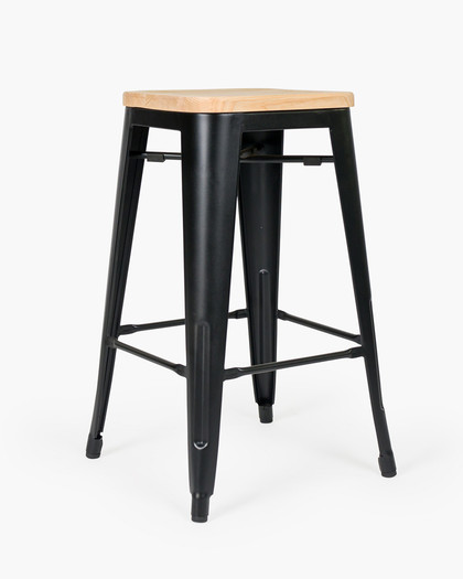 Tolix Replica Bar Stool Solid Ash Seat - Matt Black, 66Cm