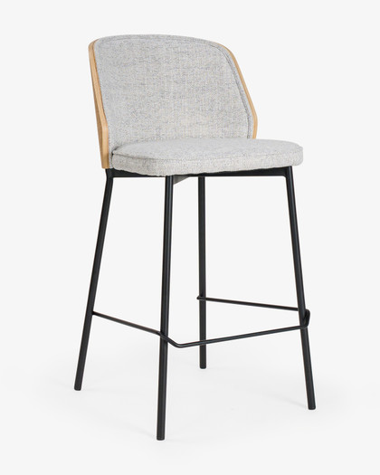 Clive Bar Stool - Natural Wood Back - Grey Fabric, 65Cm