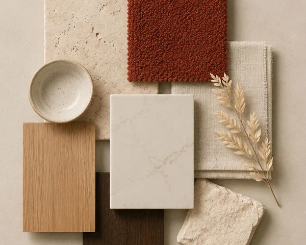 Interior design mood board featuring natural timber, stone, neutral fabrics and textured burgundy upholstery in a warm earthy colour palette.”