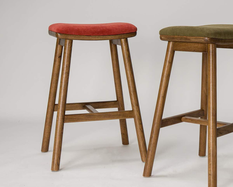 Archie oak timber bar stool in dark stain with a brick upholstered seat.
