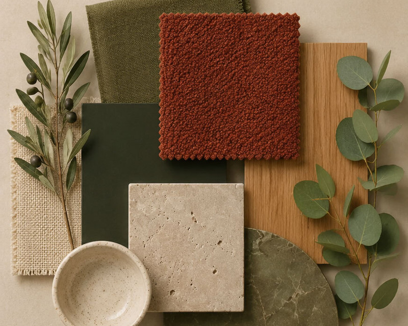 Brick red fabric paired with olive green, natural oak, stone and leafy greenery in an earthy interior mood board.