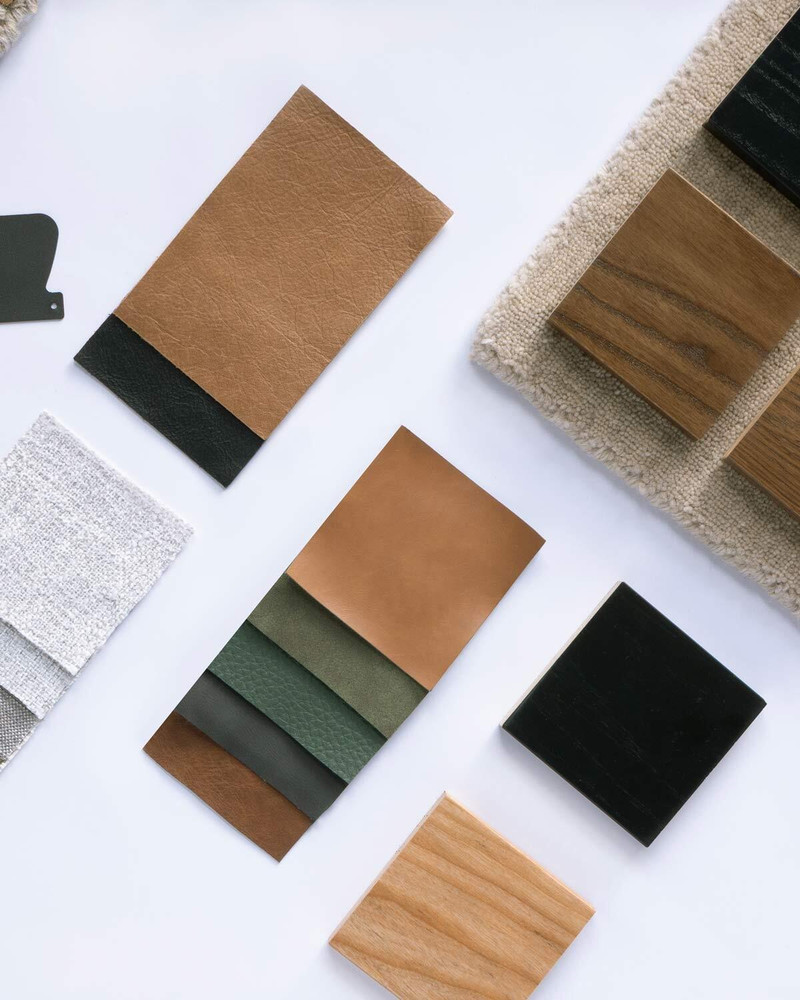 Flat lay of different material and colour samples from our range.
