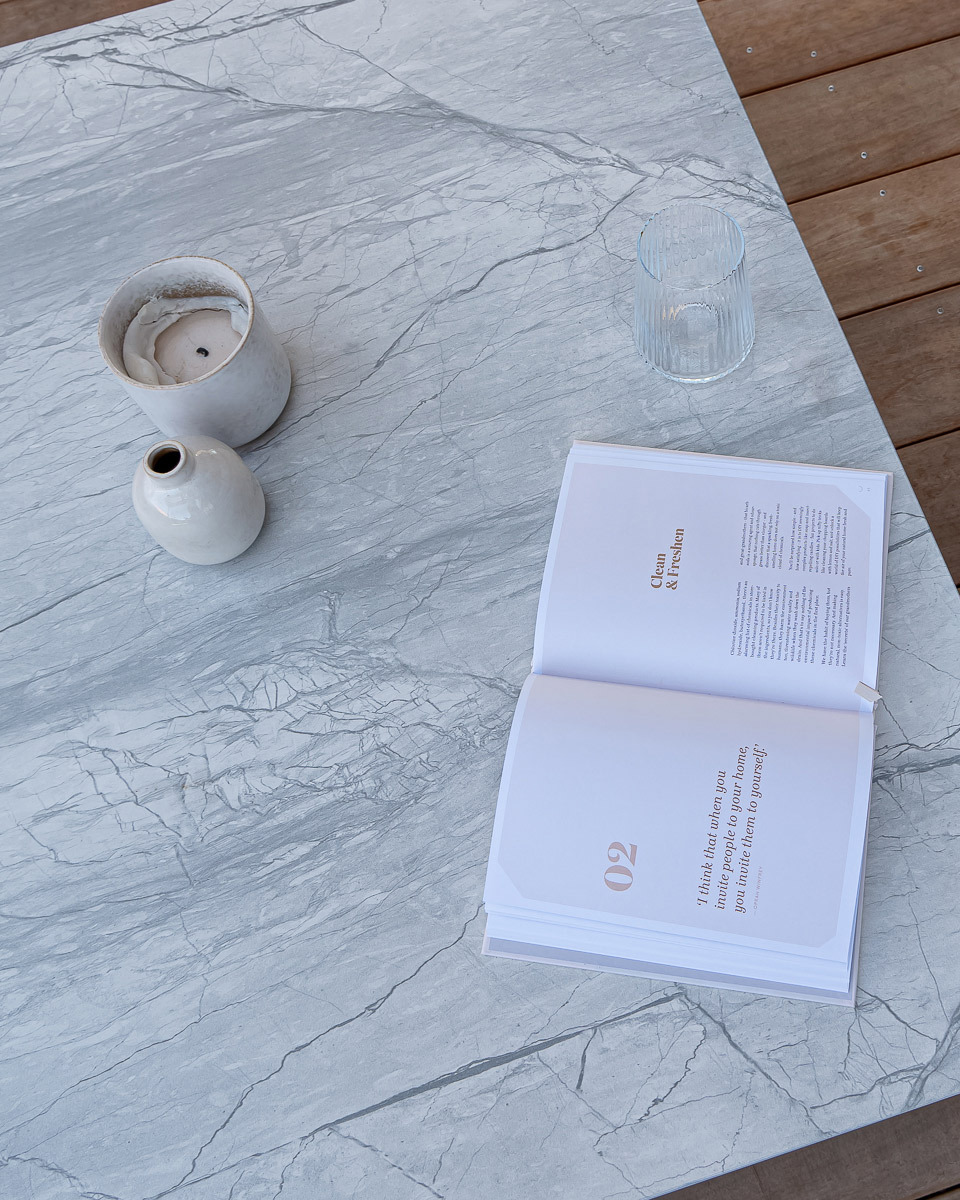 grey marbled outdoor coffee table at a birds eye view.