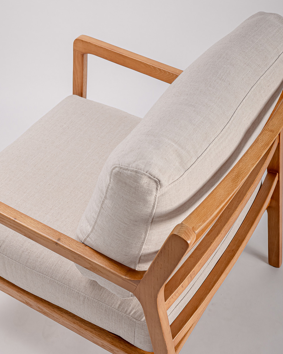 Linen colour fabric armchair with timber frame