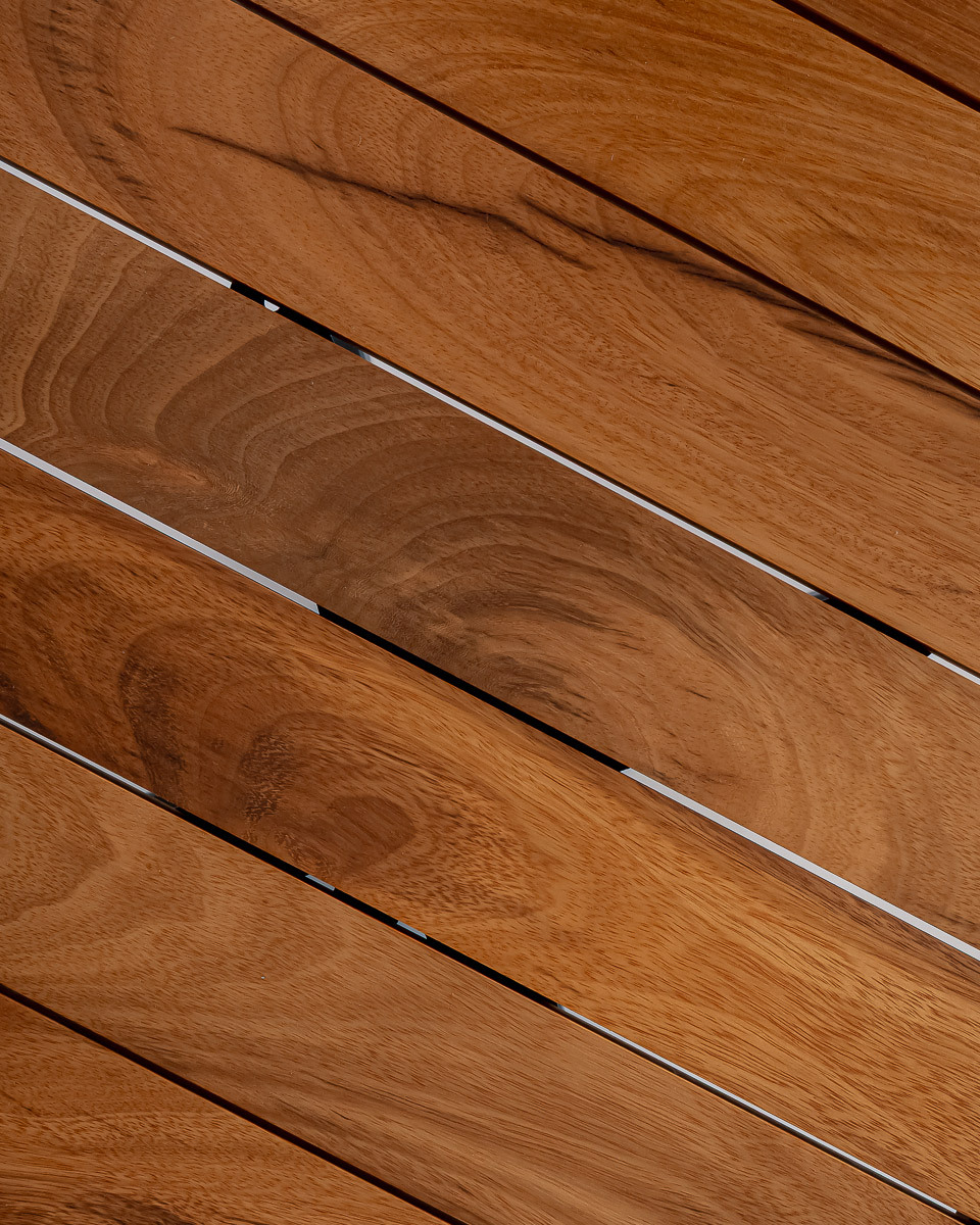 Slatted Iroko timber table top