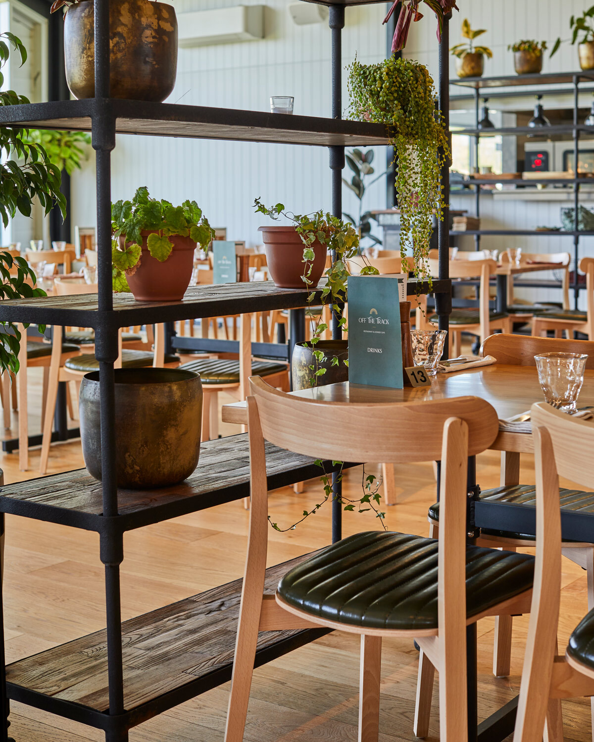 Hospitality dining space featuring timber chairs, custom shelving and indoor planting at Off The Track Restaurant.