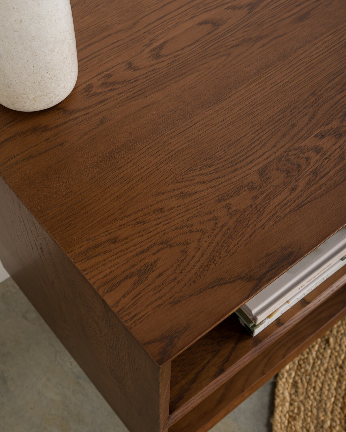 Close up of dark timber grain on a sawyer cabinet