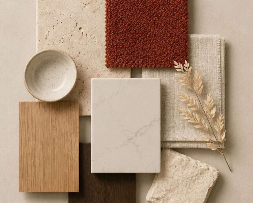 Brick red fabric paired with travertine, warm white stone, natural oak and dark timber in a neutral interior mood board.