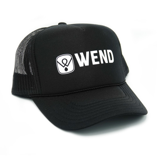 WEND Trucker Hat, black with snap back and white logo on front.