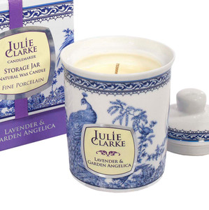 Julie Clarke - BLUE PEACOCK STORAGE JAR CANDLE - LAVENDER & GARDEN ANGELICA PEACOCK CANDLE Julie Clarke - BLUE PEACOCK STORAGE JAR CANDLE - LAVENDER & GARDEN ANGELICA PEACOCK CANDLE