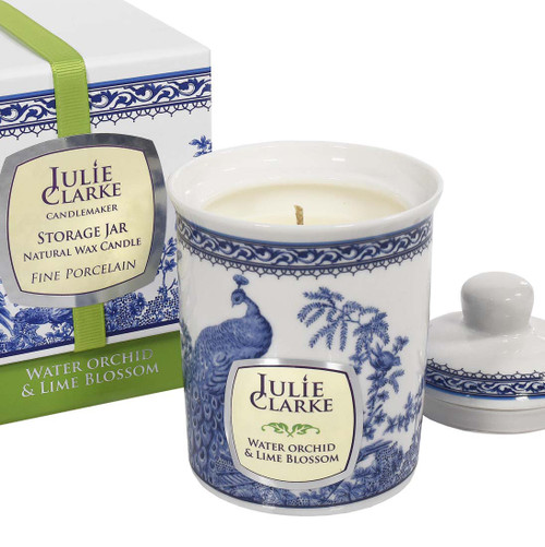 Julie Clarke - BLUE PEACOCK STORAGE JAR CANDLE-WATER ORCHID & LIME BLOSSOM