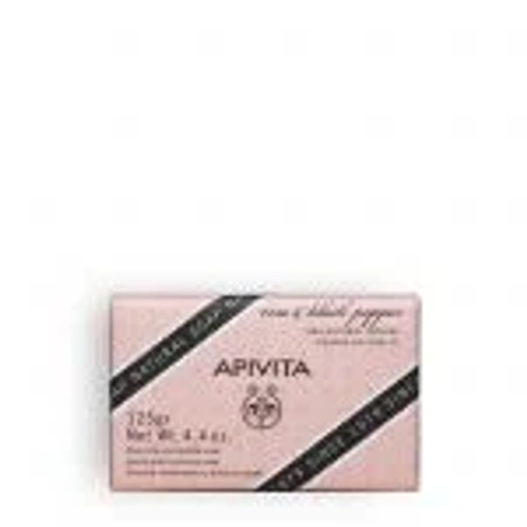 Apivita -  NATURAL SOAP  with Rose & Black Pepper , Cleanses and exfoliates, Improves skin texture