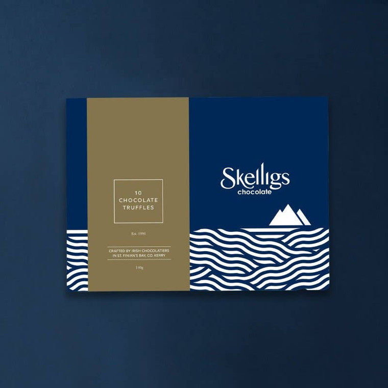 Skelligs Chocolate - 10 Irish Handcrafted Chocolate Box- Hazelnut praline, Vanilla Ganache, Salted Caramel, Smooth Milk Chocolate and Raspberry & Coconut.