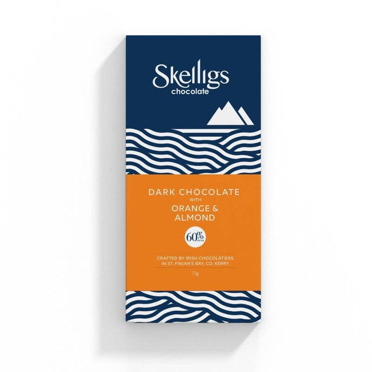 Skelligs Chocolate - Orange and Almond Dark Chocolate Bar- Zesty orange with crunchy almond pieces