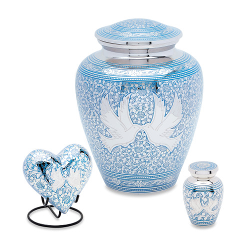 Blue Loving Doves Brass Urn Set