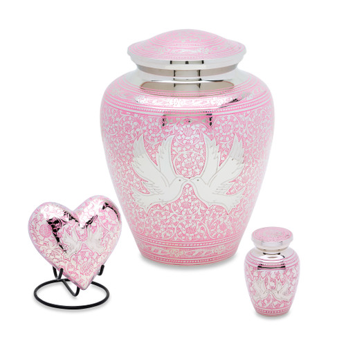 Pink Loving Doves Brass Urn Set