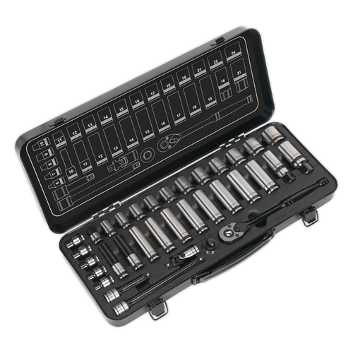 Sealey AK7971 Socket Set 34pc 3/8"Sq Drive 6pt WallDrive Metric Black Series