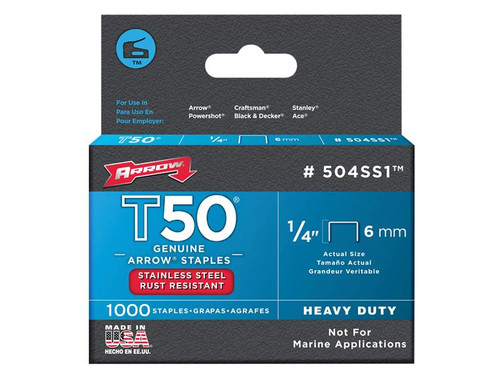 Arrow ARRT5014SS T50 Staples Stainless Steel 504SS 6mm (1/4in) Box 1000 | Toolden