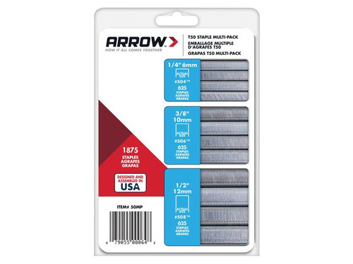 Arrow ARRT50SMP T50 Staples Multi Pack 6mm 10mm & 12mm Box 1875 (3 x 625) | Toolden