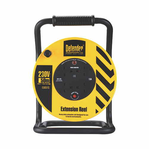 Defender 50M Industrial Trade Cable Reel - 13A 4 Way 1.25mm 230V