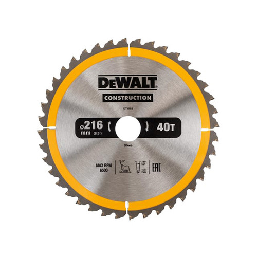 DeWalt DEWDT1953QZ Stationary Construction Circular Saw Blade 216 x 30mm x 40T ATB/Neg (DEWDT1953QZ)| Toolden