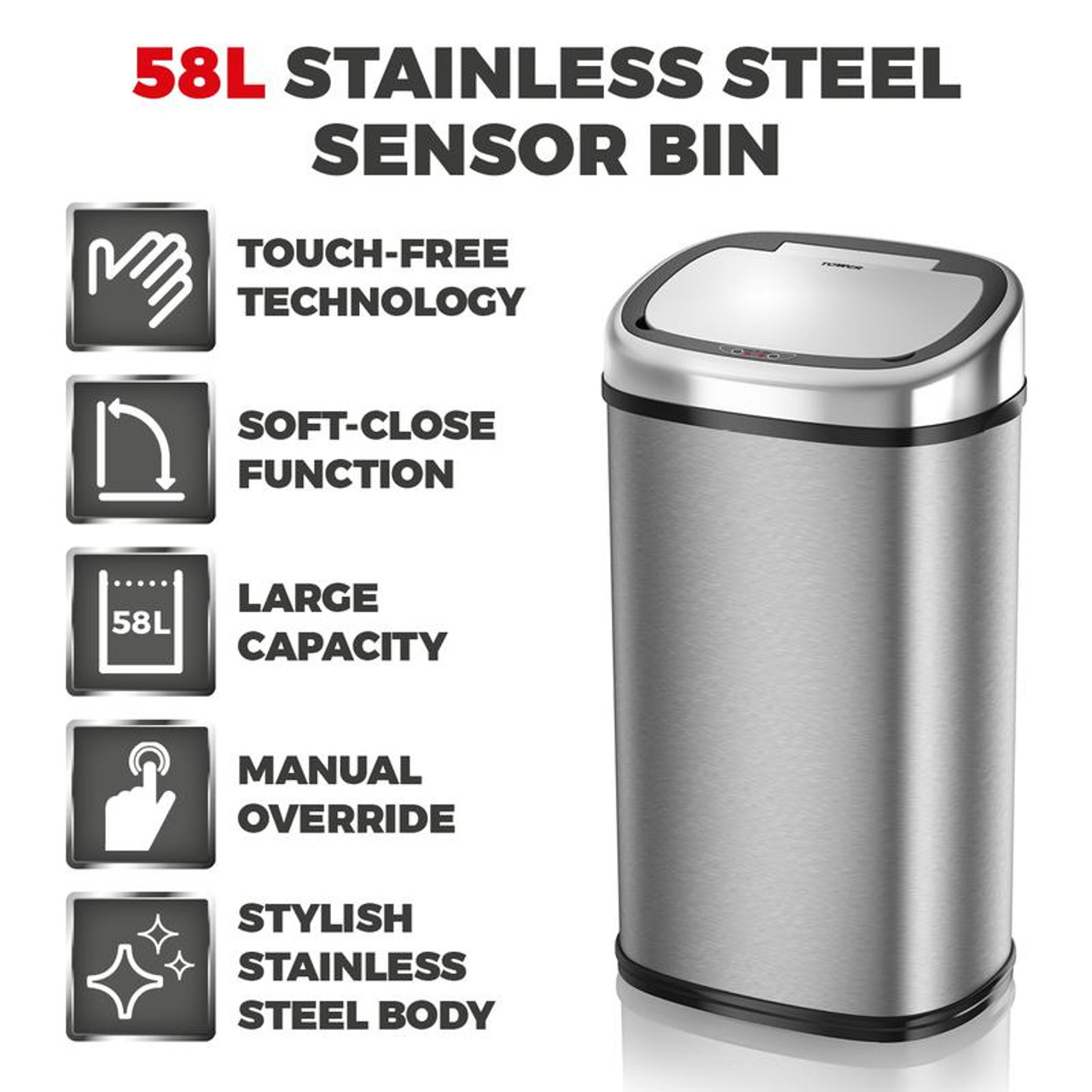 Tower 58L Stainless Steel Sensor Bin - Laundry Company