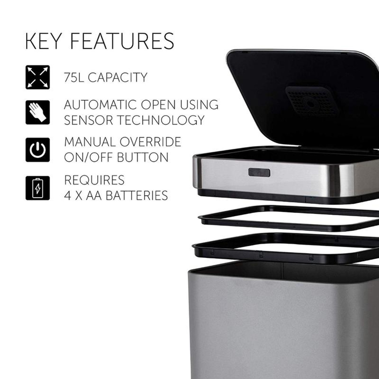 Tower 75L Rectangular Sensor Bin Titanium - Laundry Company