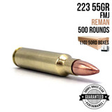 A single round of AngelFire Ammo 223 - 55GR - FMJ - REMAN - CASE - 500 - (10) 50RD BOXES with product details and an example of the packaging.