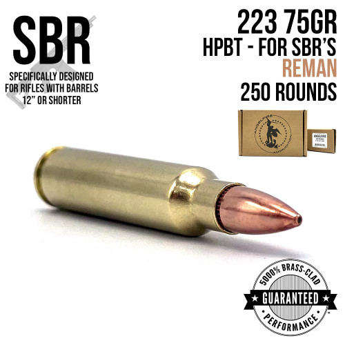 A single round of AngelFire Ammo 223 - 75GR - BTHP - REMAN - CASE - 250 (SBR) with product details and an example of the packaging.