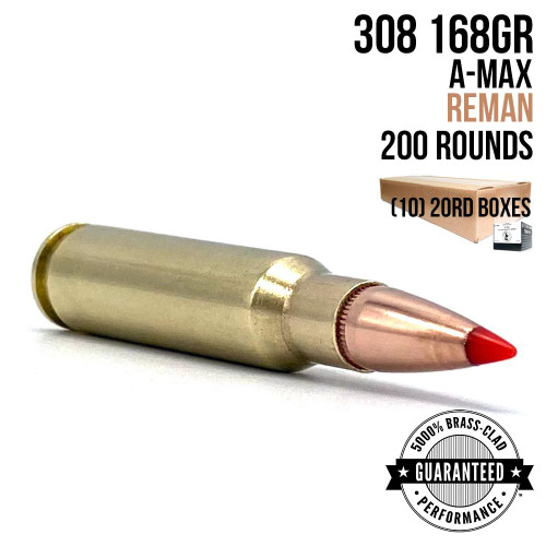 A single round of AngelFire Ammo 308 - 168GR - AMAX - REMAN - HALF CASE - 200 with product details and an example of the packaging.