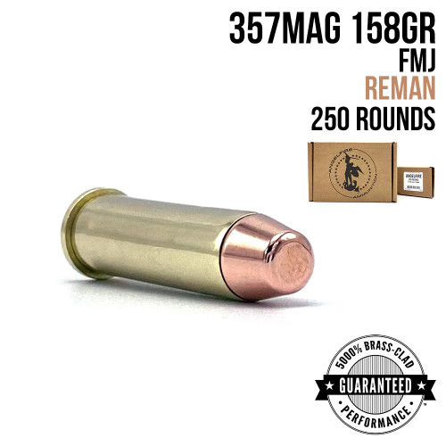 A single round of AngelFire Ammo 357 - 158GR - FMJ - REMAN - QUARTER CASE - 250 with product details and an example of the packaging.