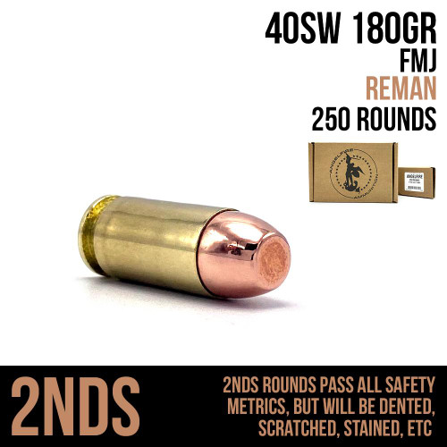A single round of AngelFire Ammo 40SW - 180GR - FMJ - REMAN - QUARTER CASE - 250 - 2NDS with product details and an example of the packaging.