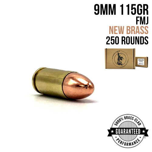 A single round of AngelFire Ammo 9MM - 115GR - FMJ - NEW BRASS - CASE - 250 with product details and an example of the packaging.